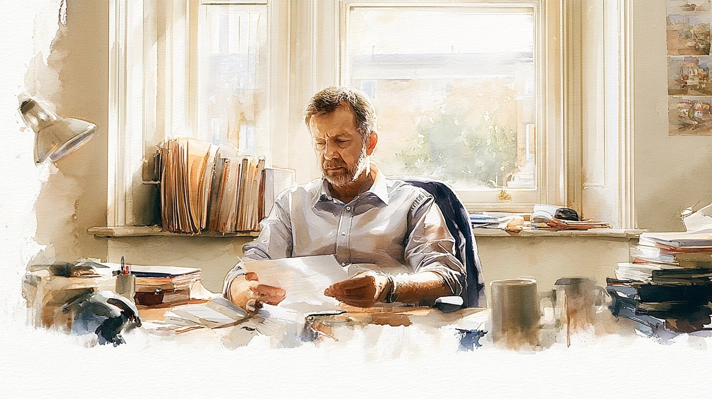 A middle-aged man reading a fee letter at a desk, a folder of papers and a window behind, in a quiet office