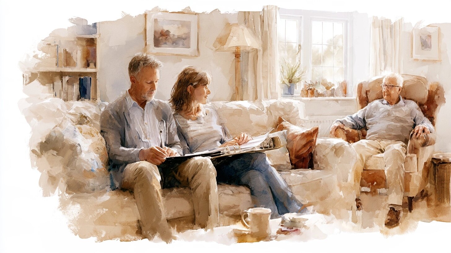A brother and sister on a sofa looking through a folder of papers together, their elderly father in an armchair by the window