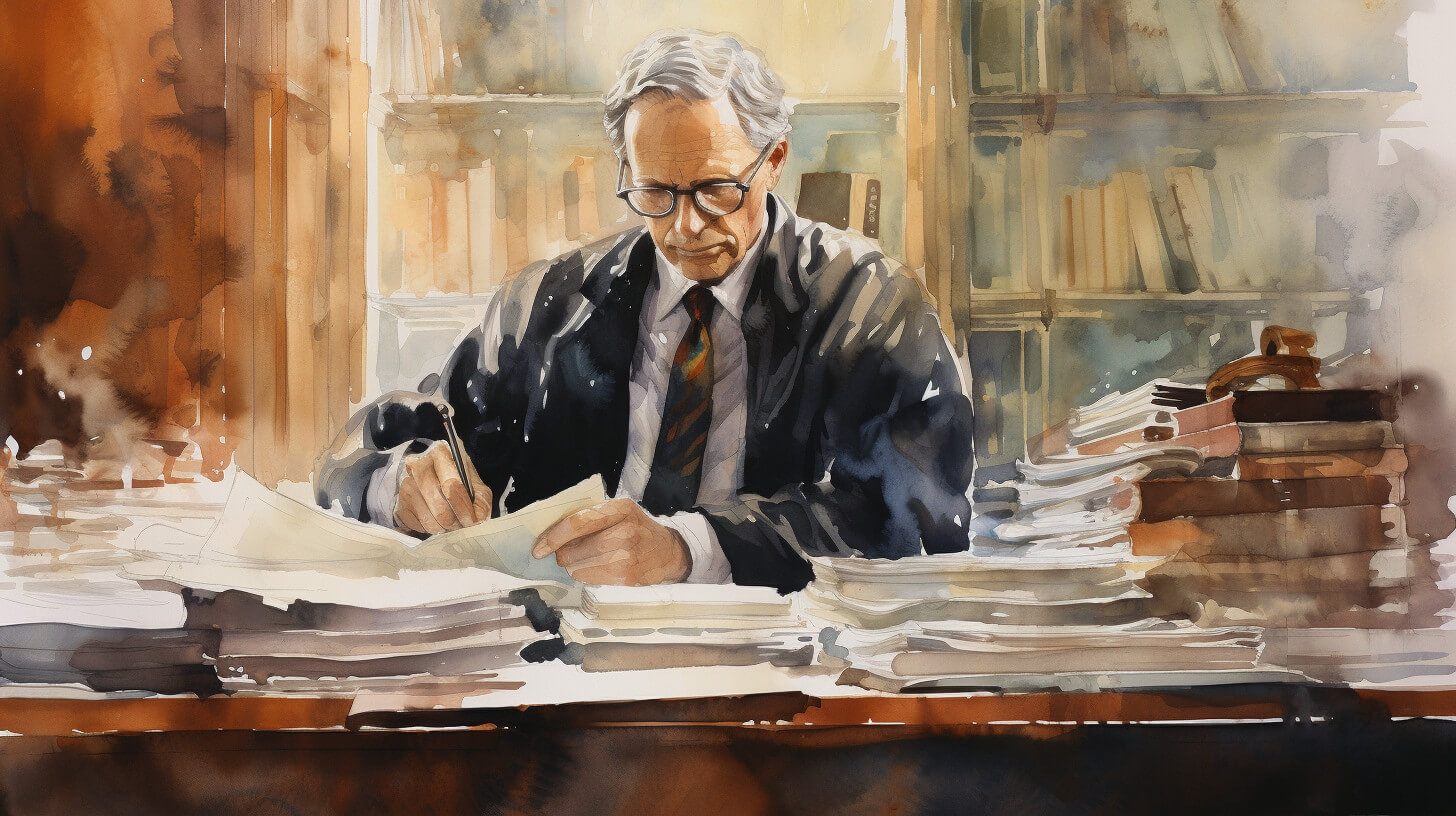 A solicitor at his desk, signing paperwork surrounded by files and law books