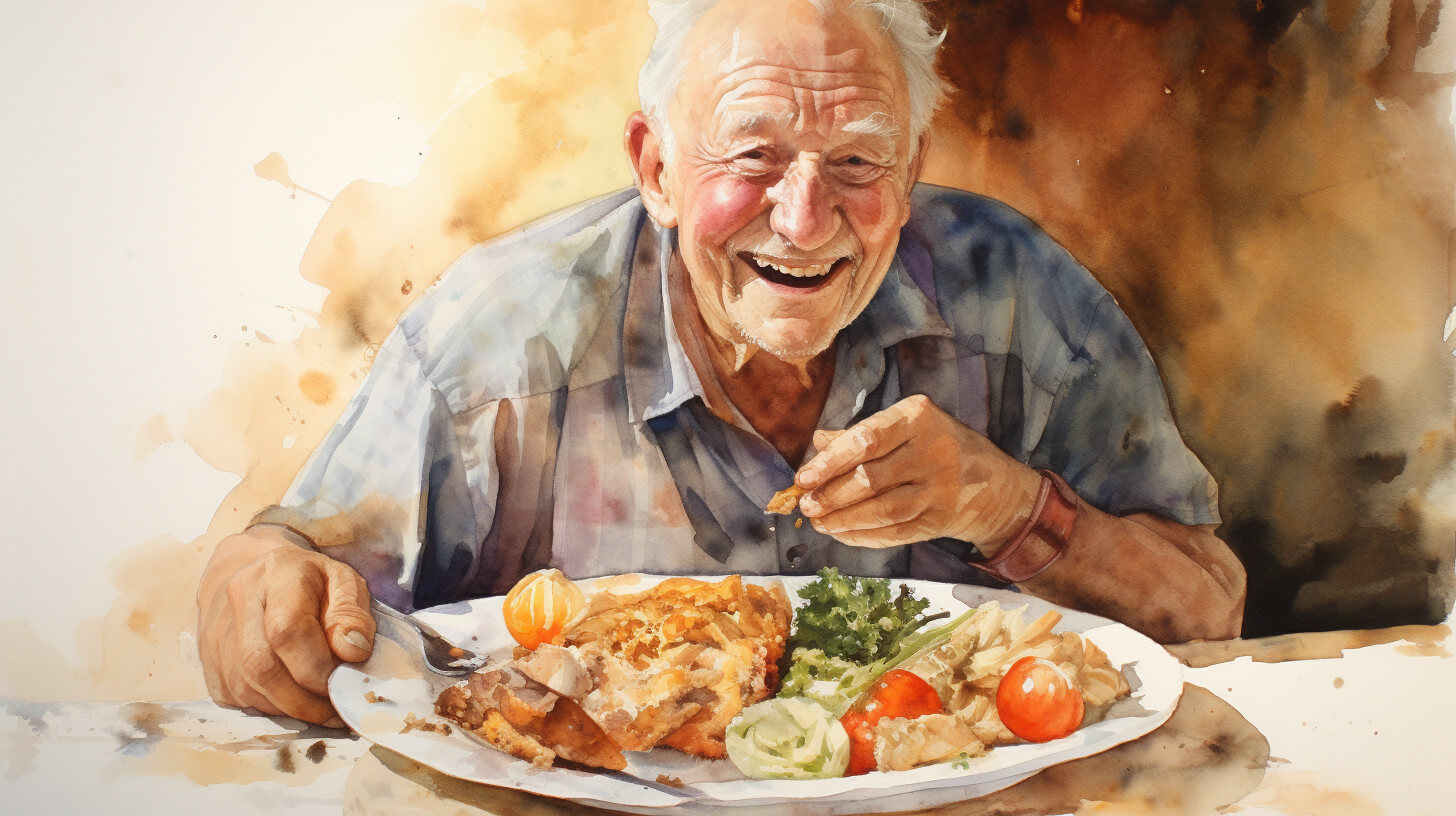 An elderly man smiling as he eats a plate of roast dinner
