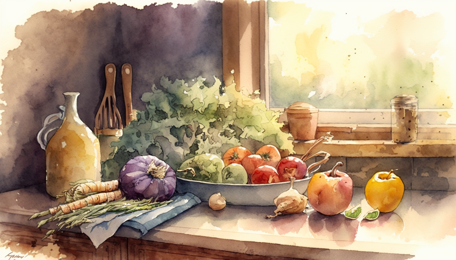 A kitchen counter with fresh vegetables, fruit and herbs gathered in a bowl by a sunlit window