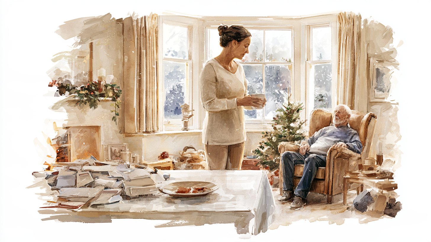 A daughter standing by a table of unopened post and an untouched plate of food at Christmas, her elderly father in his armchair by a small tree