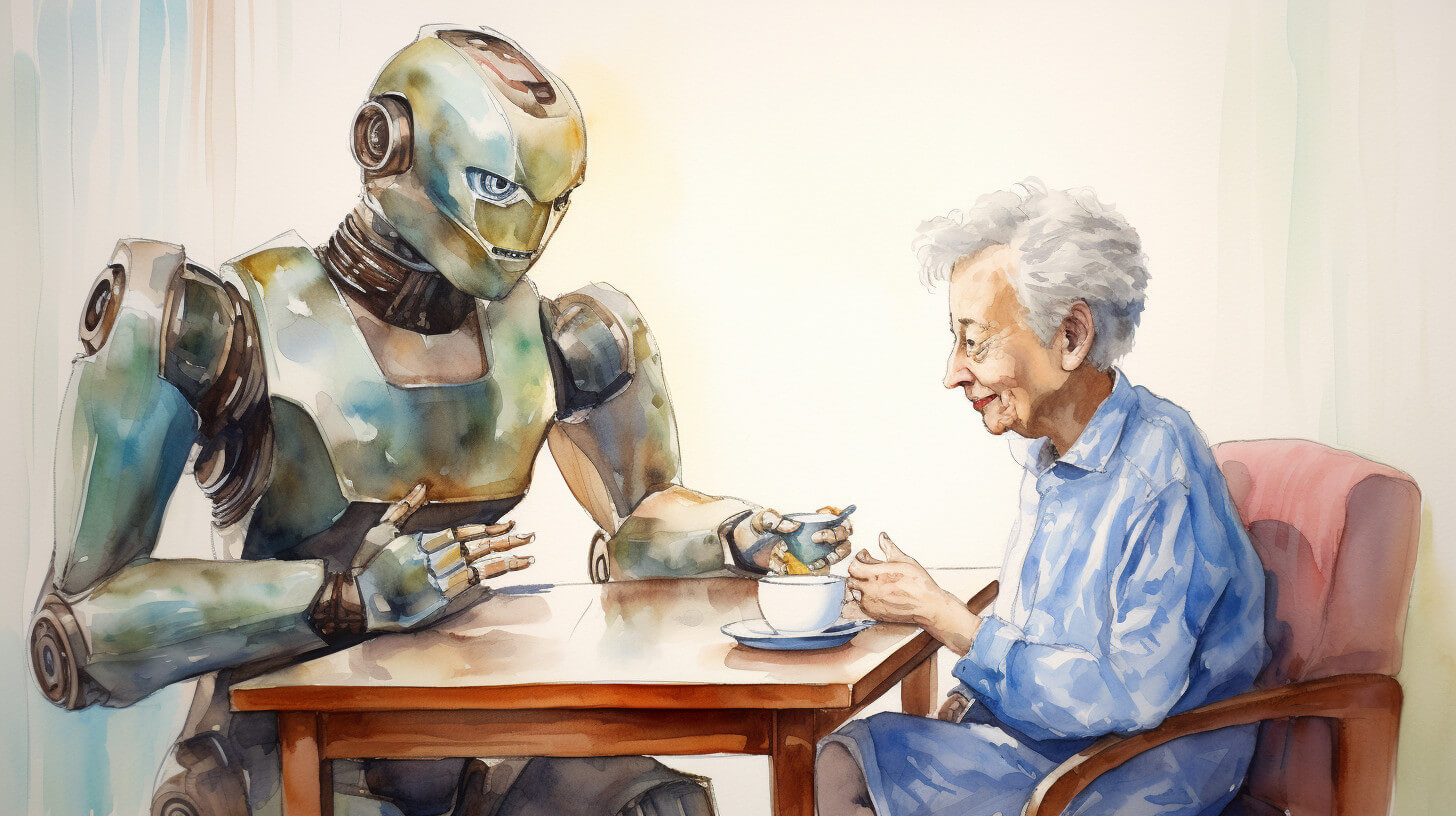 A watercolour illustration of a robot carer pouring tea and sitting down with an elderly woman at a small table