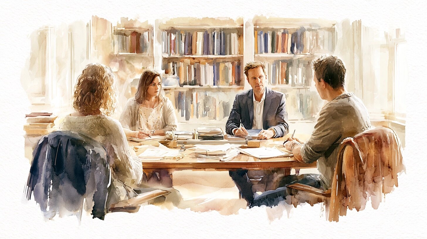 A middle-aged daughter and son sign court papers at a long table with a solicitor, bookshelves behind them