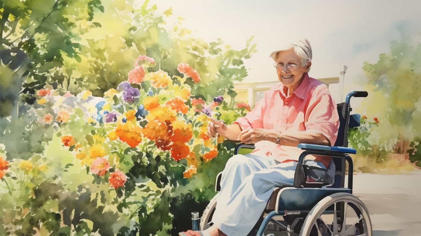 An elderly woman in a wheelchair smiling among flowers in a sunlit garden
