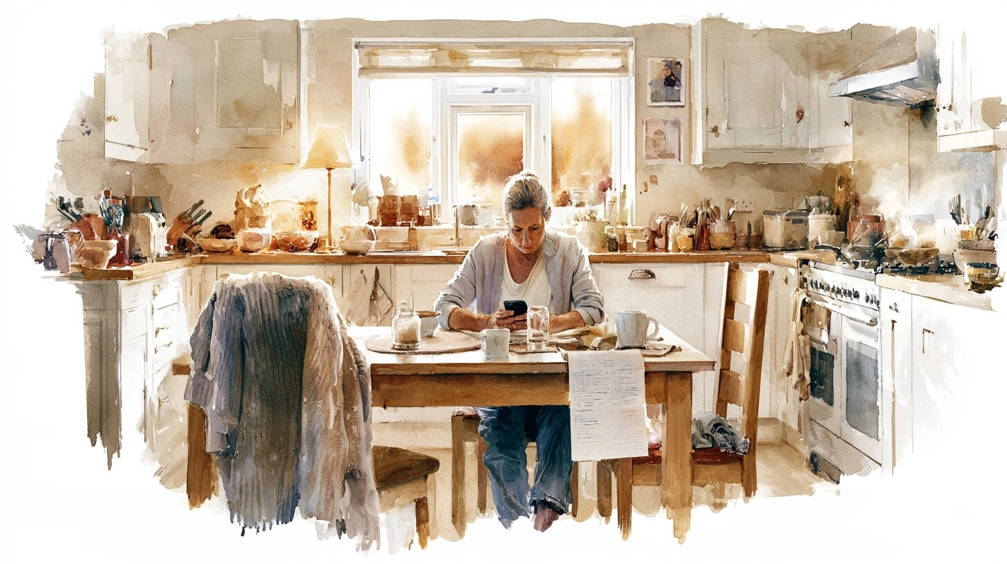 A tired woman sitting alone at a kitchen table in the evening with her phone and a handwritten list
