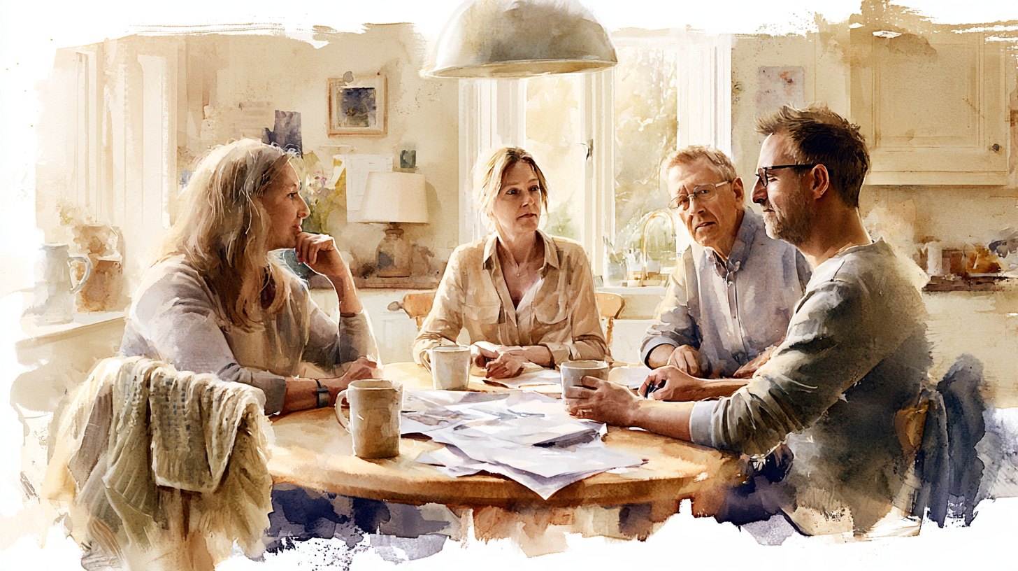 Adult siblings around a kitchen table in the evening with papers and mugs between them, their mother's cardigan over an empty chair