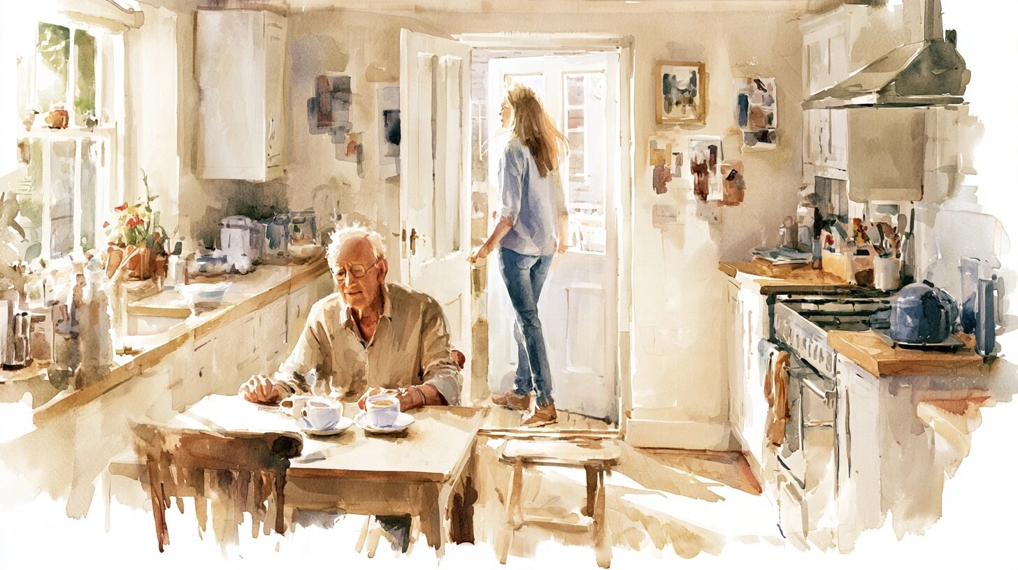An elderly man alone at the table with two teacups, his daughter arriving through the back door, in a kitchen