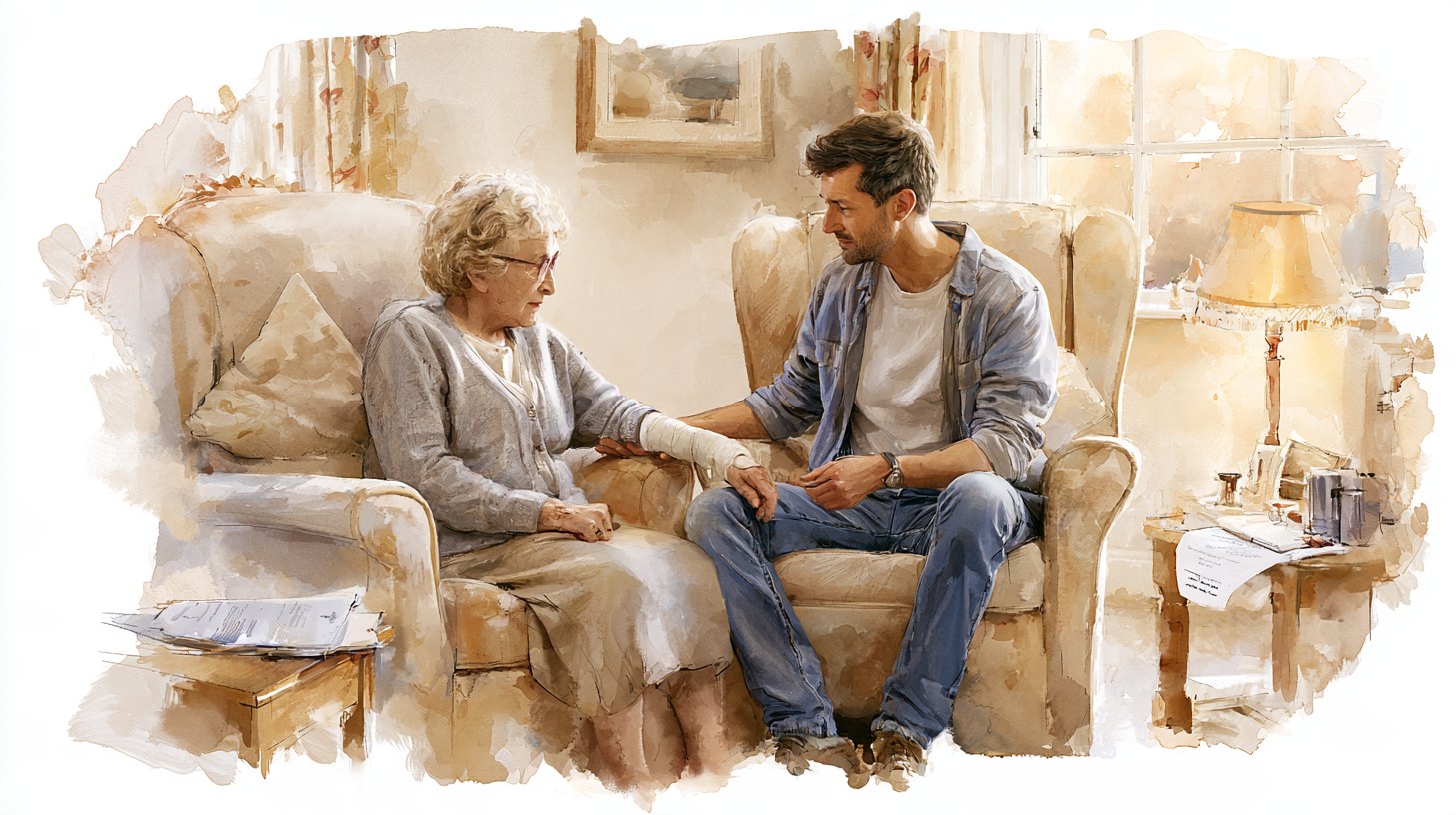 An elderly woman with a bandaged wrist being settled into her armchair by her son, lamplight in the front room