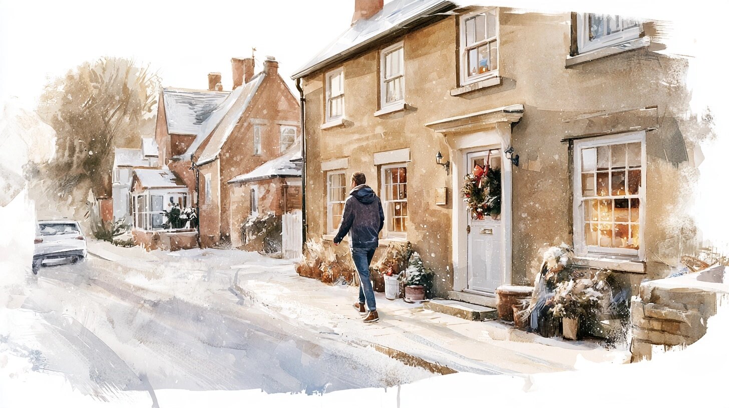 A carer walking up to a cottage with a wreath on the door, lit windows, on a snowy village street at Christmas
