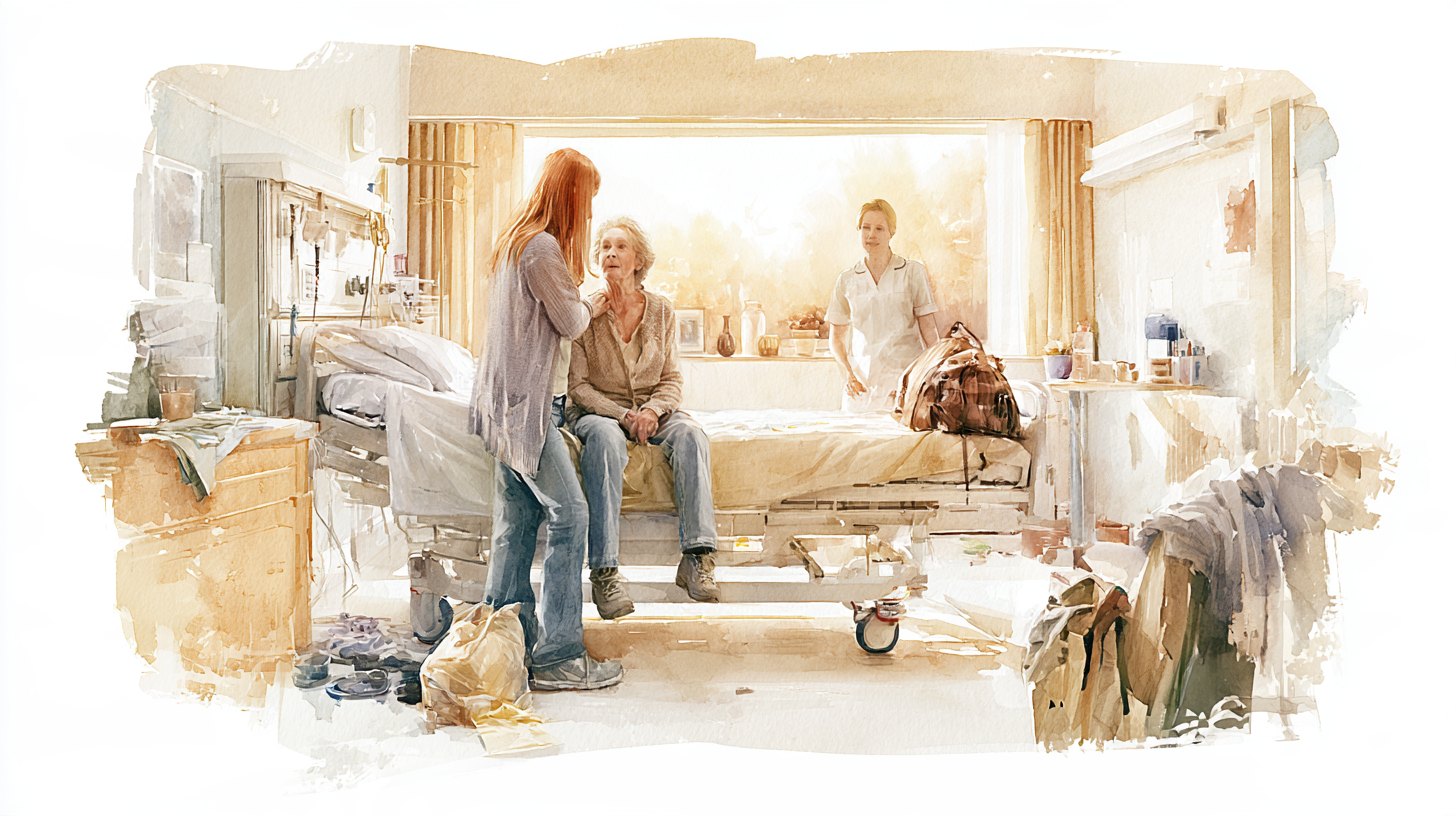 An elderly woman sitting on the edge of a hospital bed with a packed bag while her daughter talks to a nurse