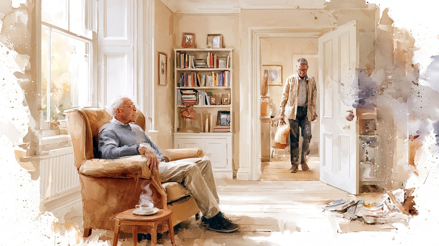 An elderly man alone in his armchair with a cup of tea, a neighbour at the door with a bag of shopping