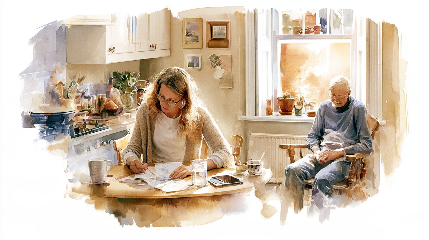A woman writing a list at the kitchen table with her phone beside her, her elderly father in a chair by the window