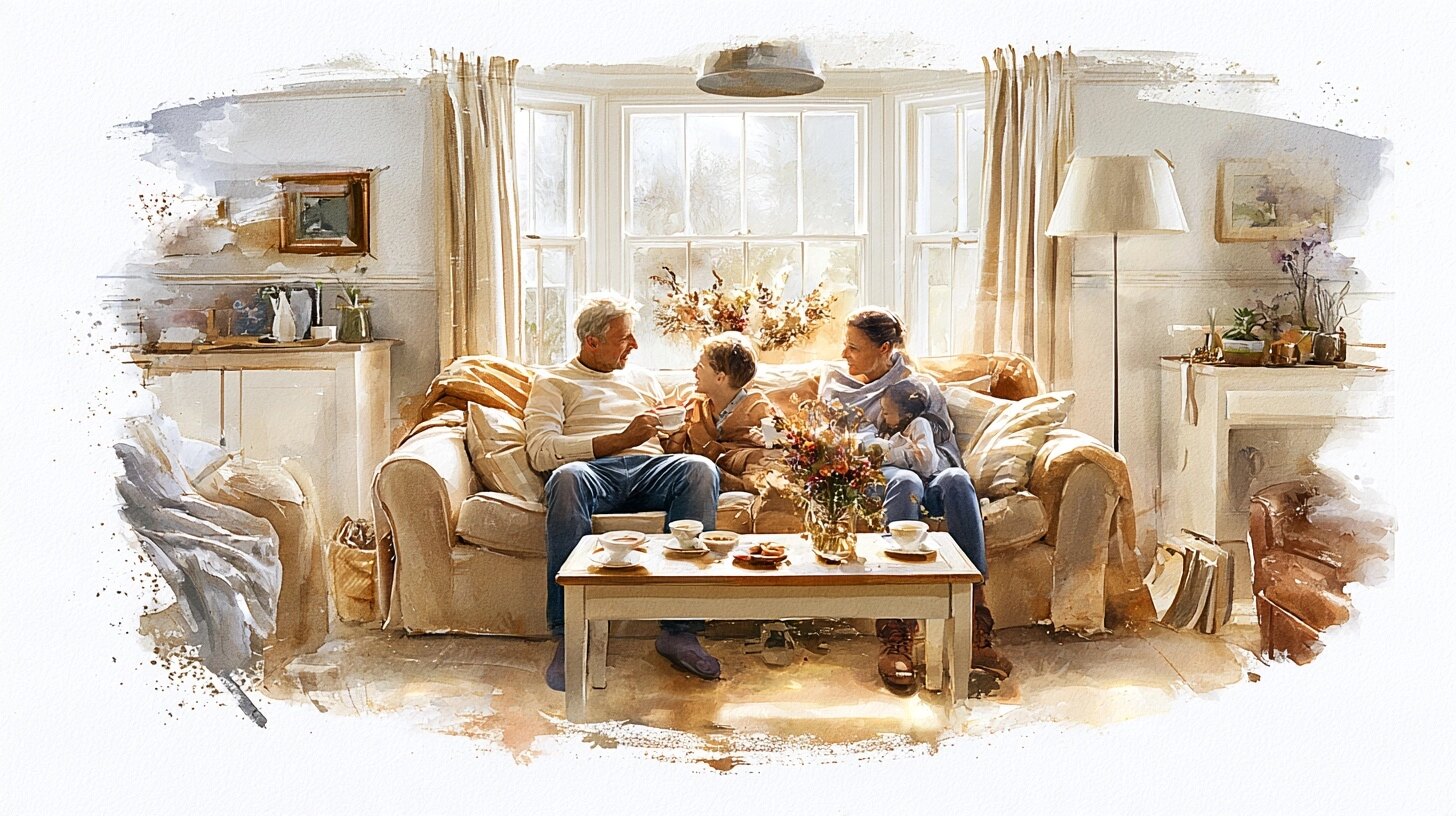 A family sitting together on the sofa with cups of tea, a vase of flowers on the table, in a quiet sitting room