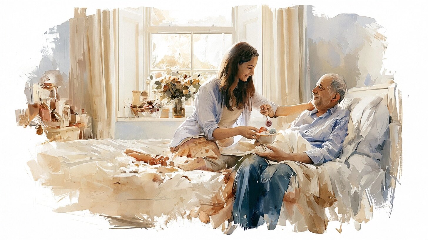 A daughter offers her father a small spoonful of ice cream as he rests in bed on a bright afternoon