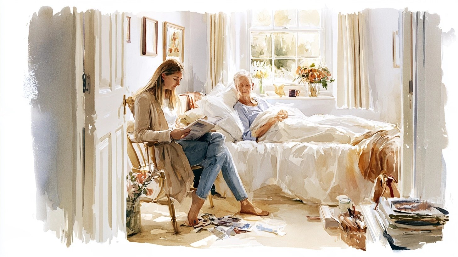 A sunlit bedroom seen from the doorway, a daughter reading aloud to her mother propped up on pillows