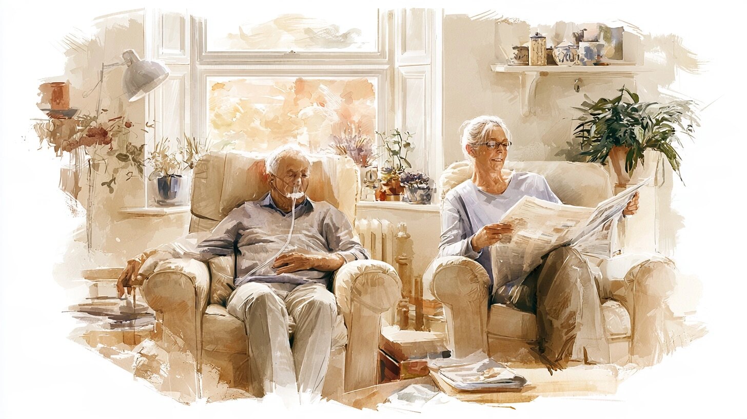 An older man resting in his armchair while his wife reads the paper beside him