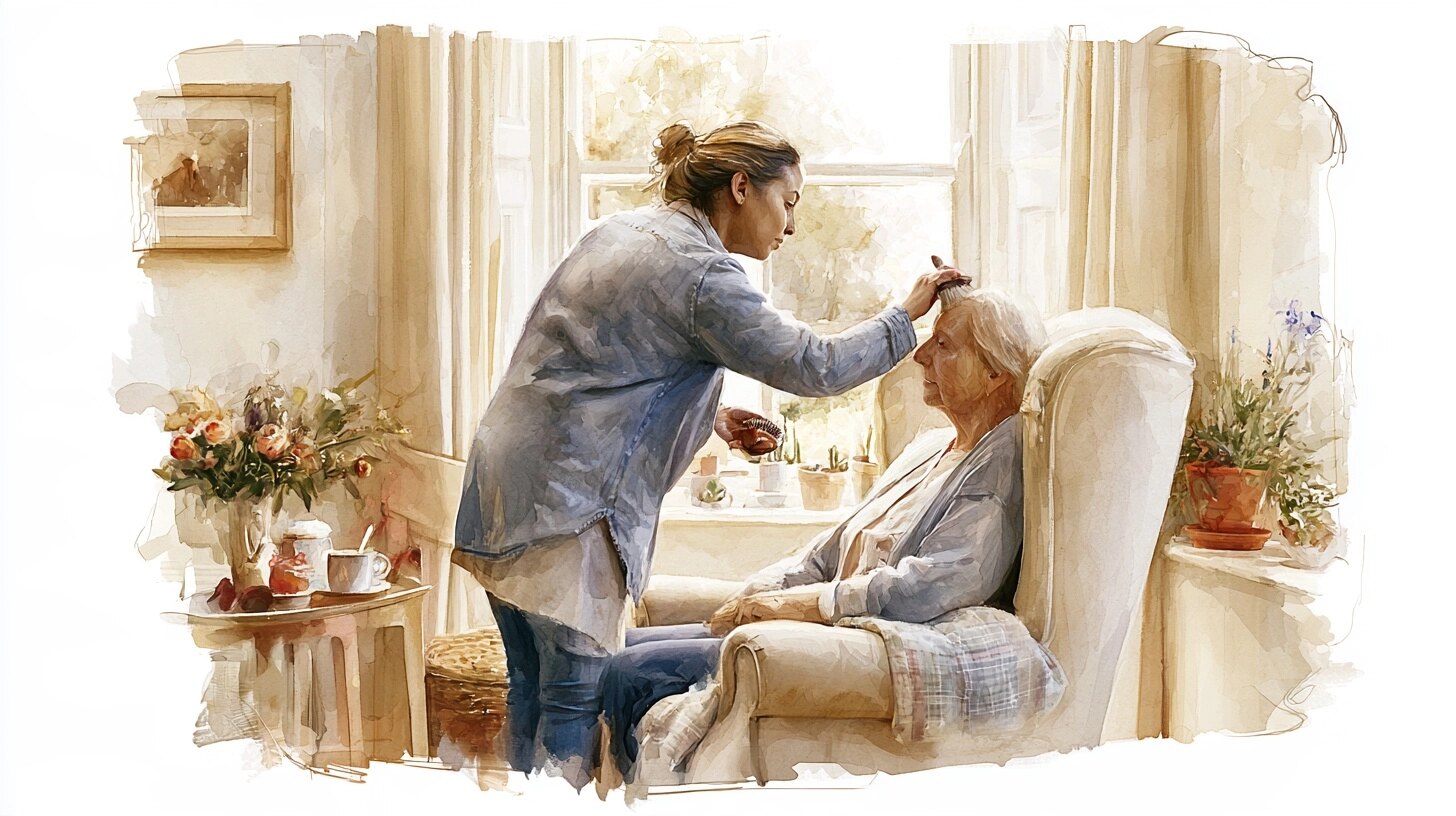 A carer gently brushes an older woman's hair as she sits by the window