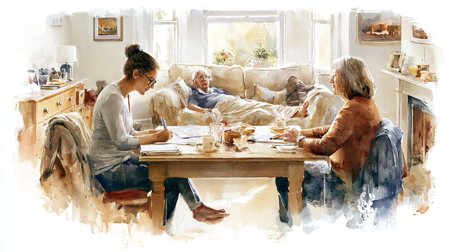 A nurse and a daughter filling in a form at the living room table, the patient resting on the sofa behind them