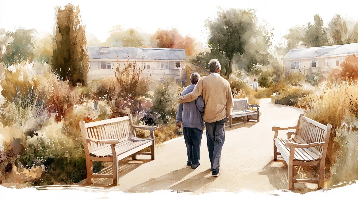 Two people walking slowly arm in arm along the path of a hospice garden