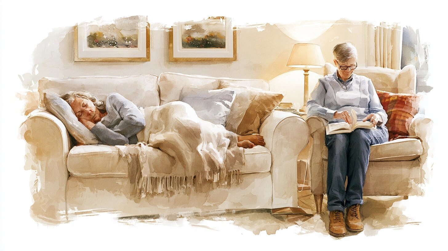 A woman asleep on the sofa under a throw while a night carer reads quietly by a lamp