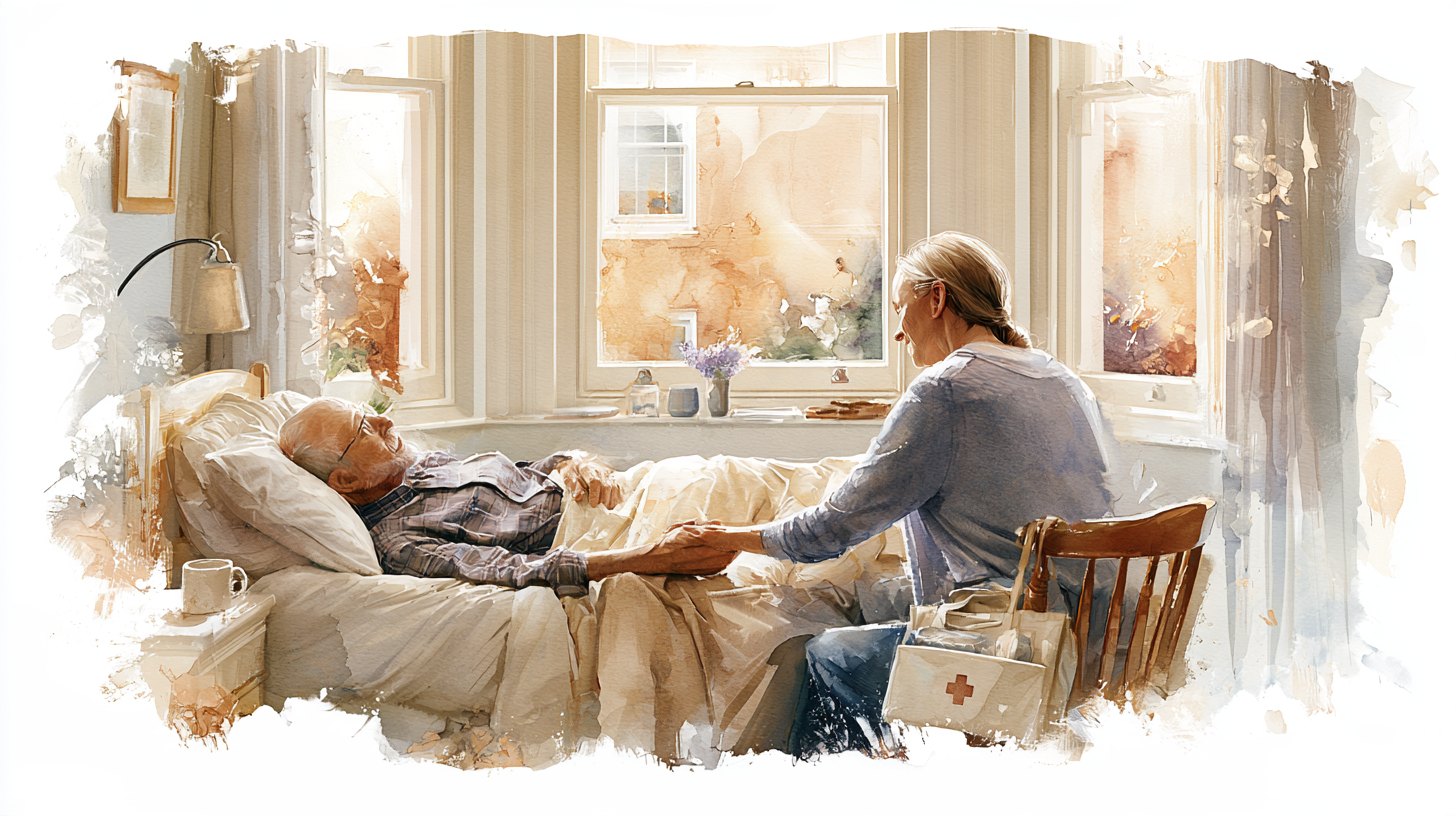 An elderly man resting in bed by the window, his wife sitting close and holding his hand