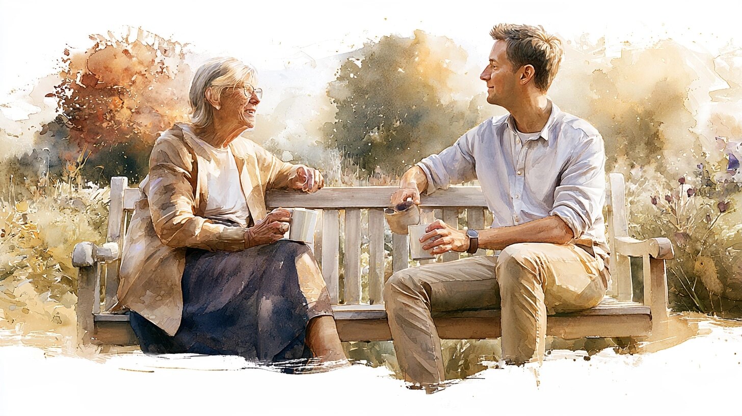 A mother and her grown-up son talking on a garden bench, mugs in their hands