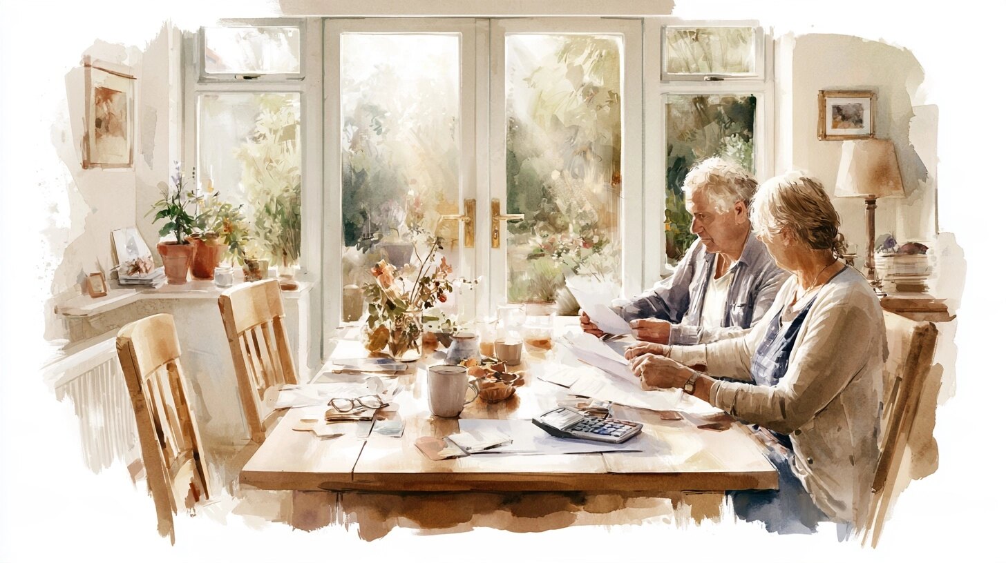 An older couple going through papers at the dining table, the garden visible beyond