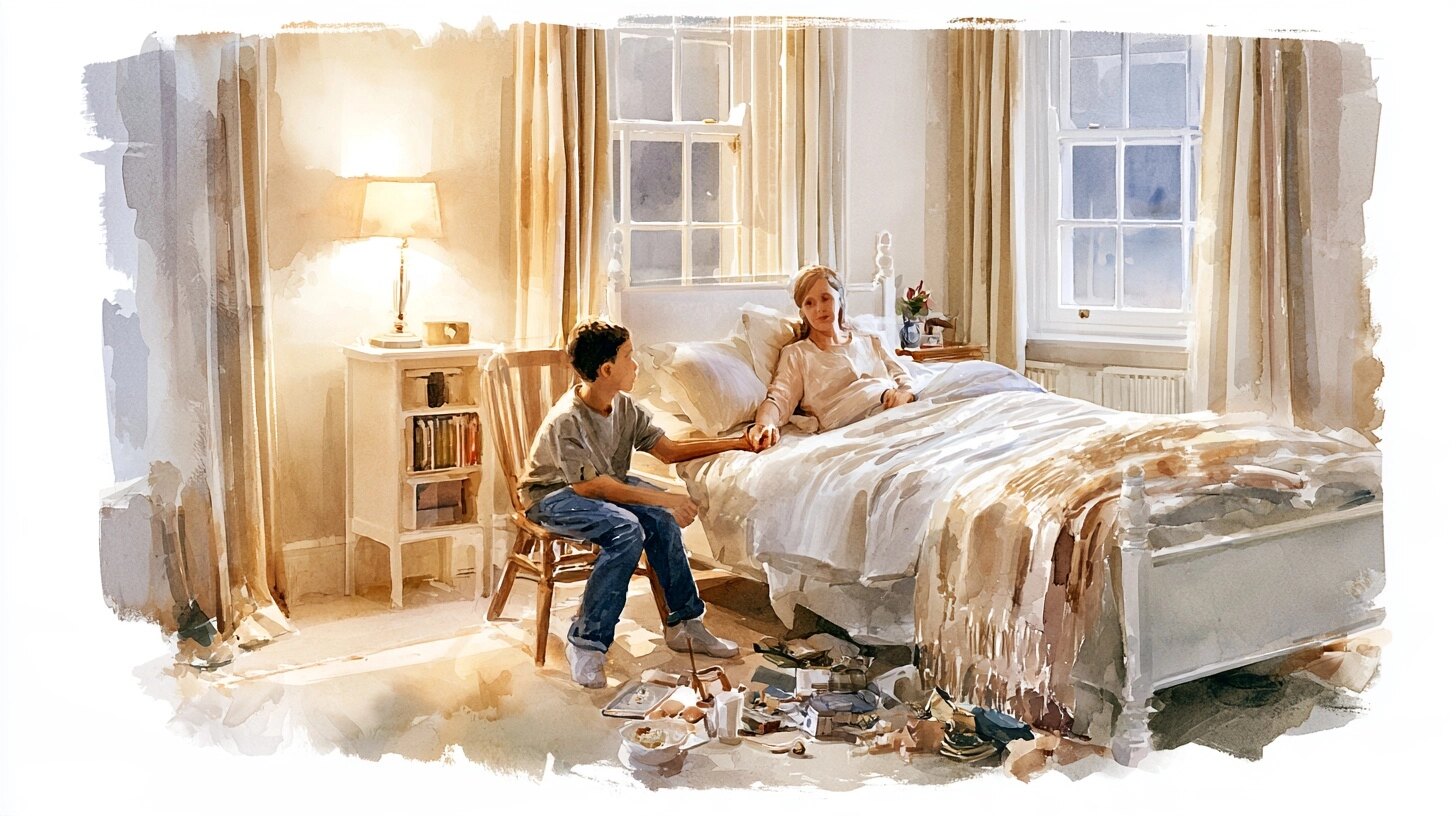 A son sits beside his mother's bed in a lamp-lit room, holding her hand