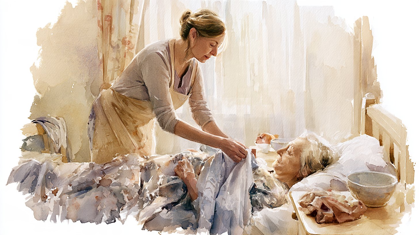 A carer gently smoothing the blanket of an elderly woman resting in bed, morning light through thin curtains