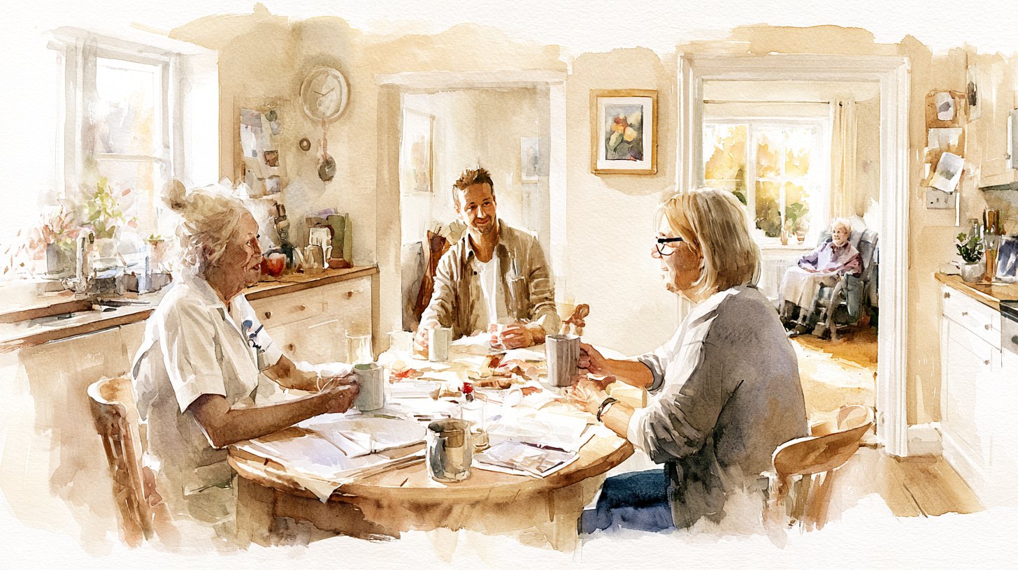 A nurse, a carer and a daughter around a kitchen table with mugs of tea, an empty armchair in the next room