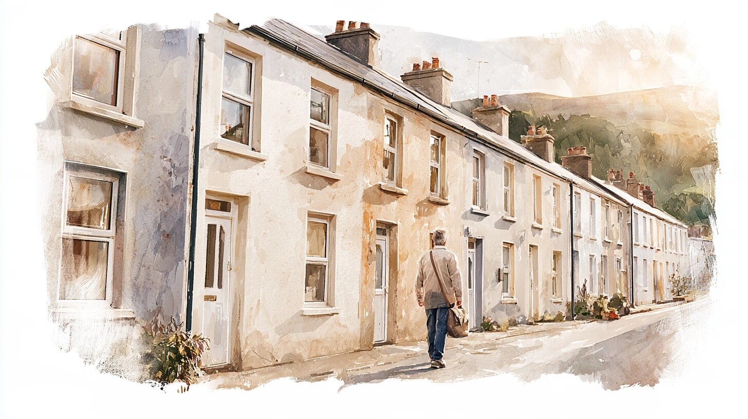 A carer walks up to a front door on a terraced street of painted houses, green hills beyond the rooftops