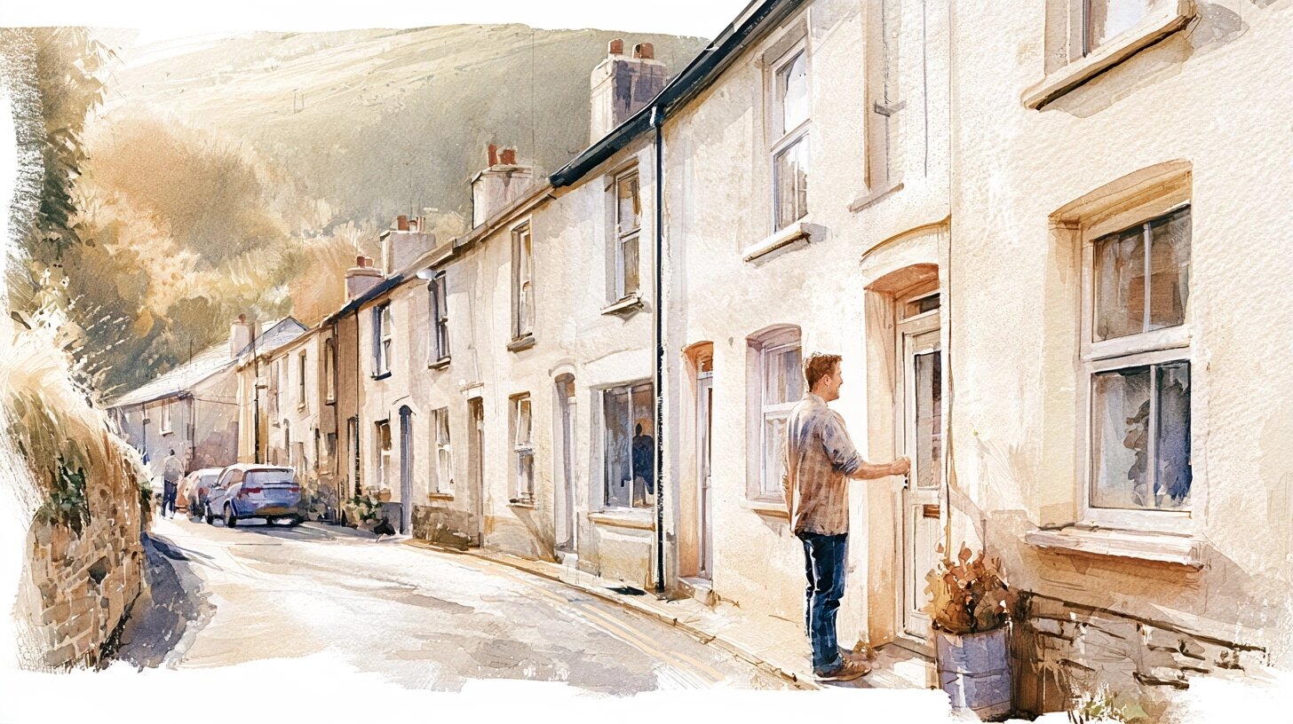 A carer knocking at a door, green hills behind, on a Welsh terraced street on a hillside