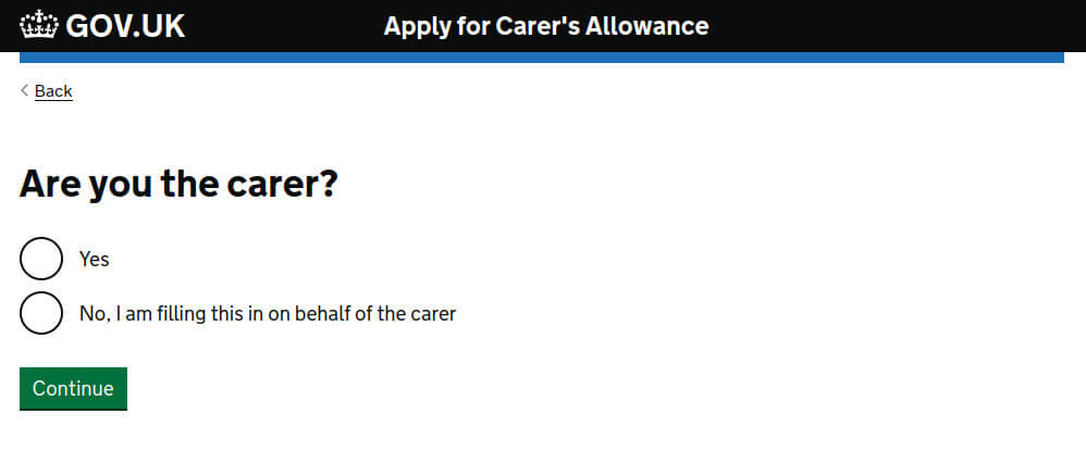 The gov.uk online claim form asking 'Are you the carer?' with Yes and No answer options and a green Continue button