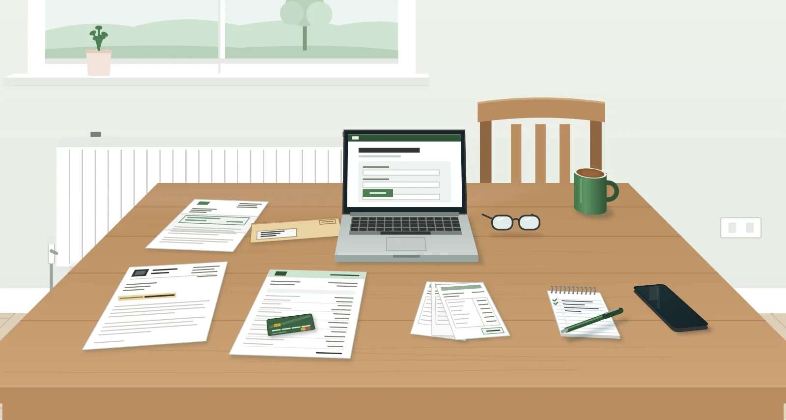 A kitchen table laid out for a claim: a letter showing a National Insurance number, a bank statement with a bank card on it, a small stack of payslips, a benefit award letter beside a brown envelope, a phone with a notepad and pen, and an open laptop showing an online form