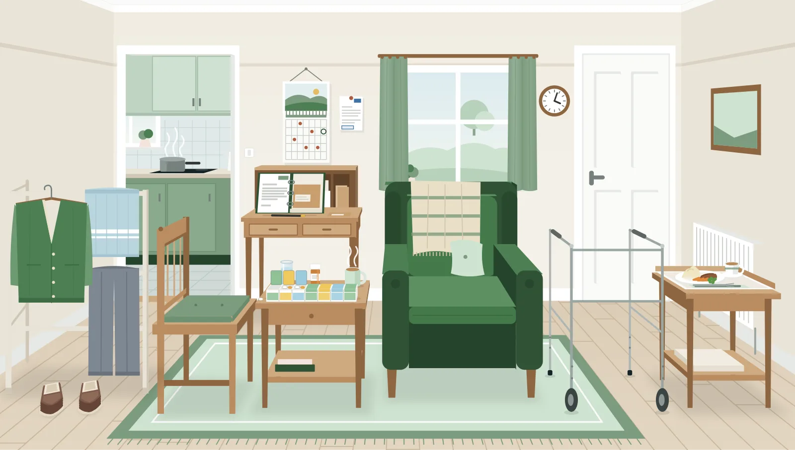 A parent's sitting room with no people in it: a pill organiser and a glass of water by the green armchair, a dinner tray on a side table, a cardigan, trousers and a towel on a clothes horse with slippers beneath, a desk with an open folder of letters, a wall calendar, and a wooden chair pulled up beside the armchair next to a walking frame