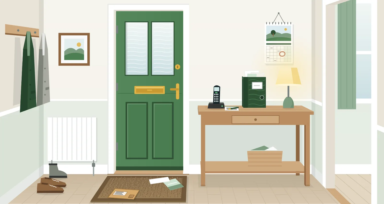 A front hall with a brown window envelope on the doormat, a cordless phone and a green box file of papers on the hall table, and a wall calendar above it with one date circled