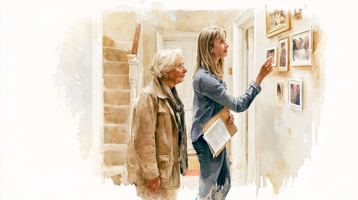 An elderly mother and her middle-aged daughter standing together looking at framed photographs on the wall, a folder of papers under the daughter's arm, stairs and front door behind