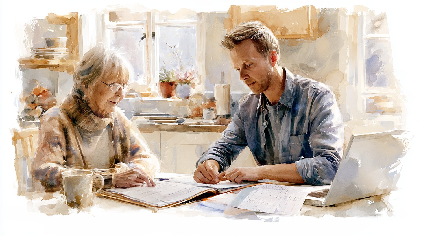 An elderly woman at the kitchen table with her son, a folder of forms and a bank statement open between them and a laptop beside