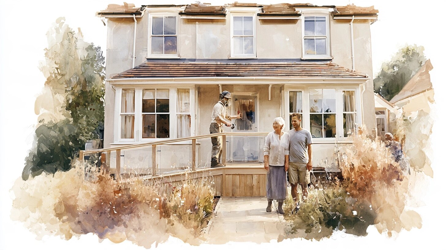 A builder fits a handrail to a new ramp at a front door while an older woman and her son look on