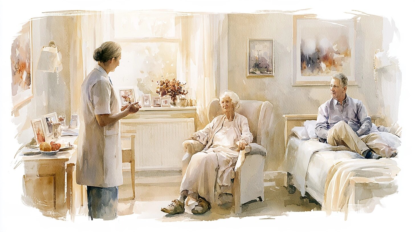 A nurse in a tunic talking with an elderly woman in an armchair, her son sitting on the bed, in a nursing home room