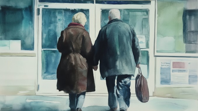 An older couple walking hand in hand towards a hospital entrance, one carrying a bag