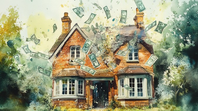 A watercolour of a house with banknotes flying up from the roof, standing for the cost of care flowing out of the home