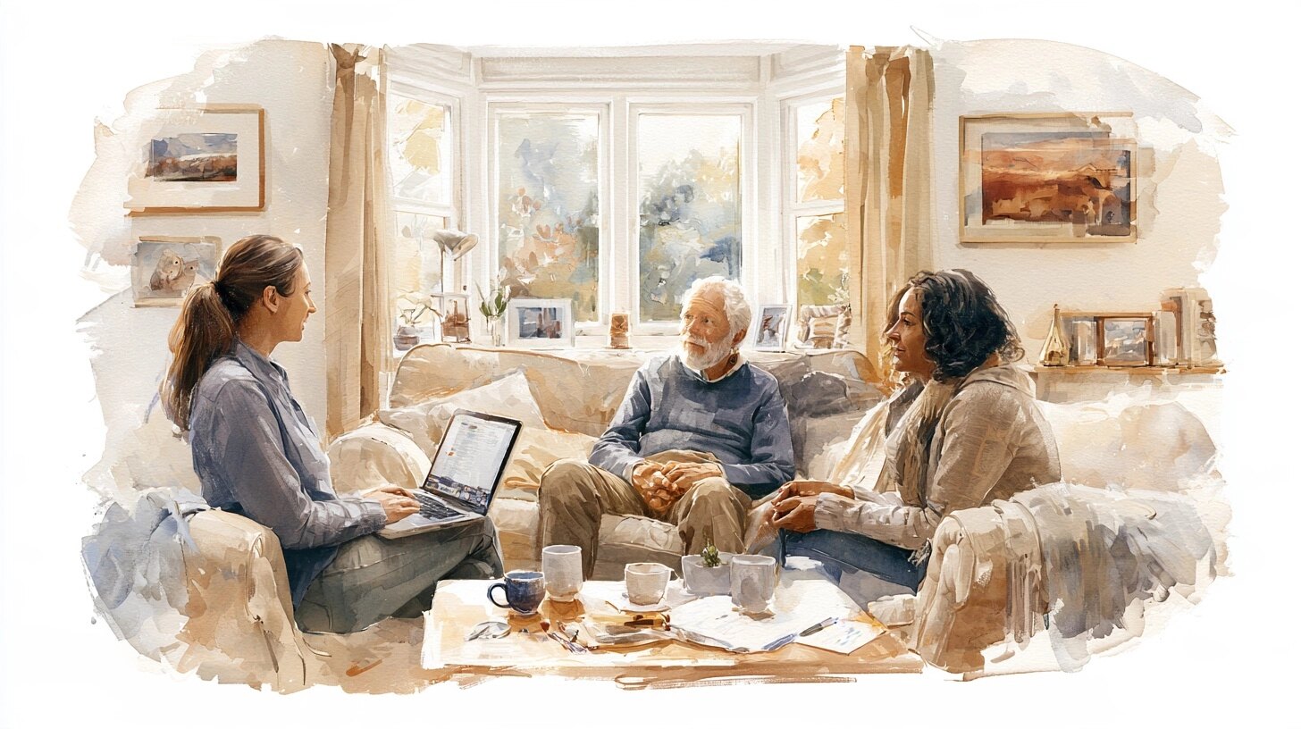 A council social worker with a laptop talking with an elderly man and his daughter, in a living room