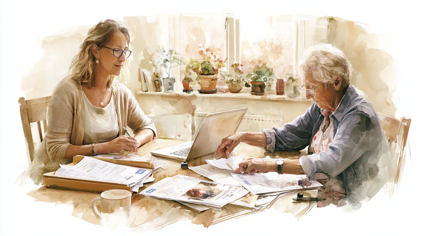 A woman at the dining table with council and NHS letters spread out and a laptop open, her elderly mother beside her pointing at a page