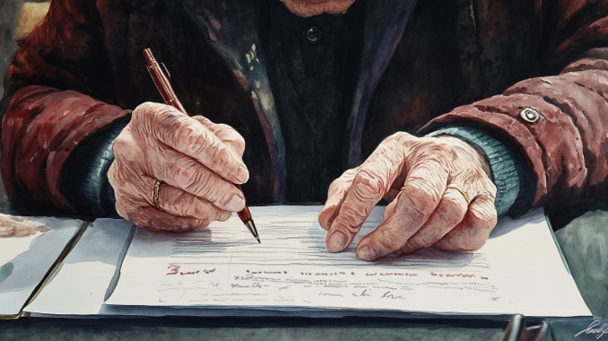 An older person's hands filling in a form at a table, a pen in one hand