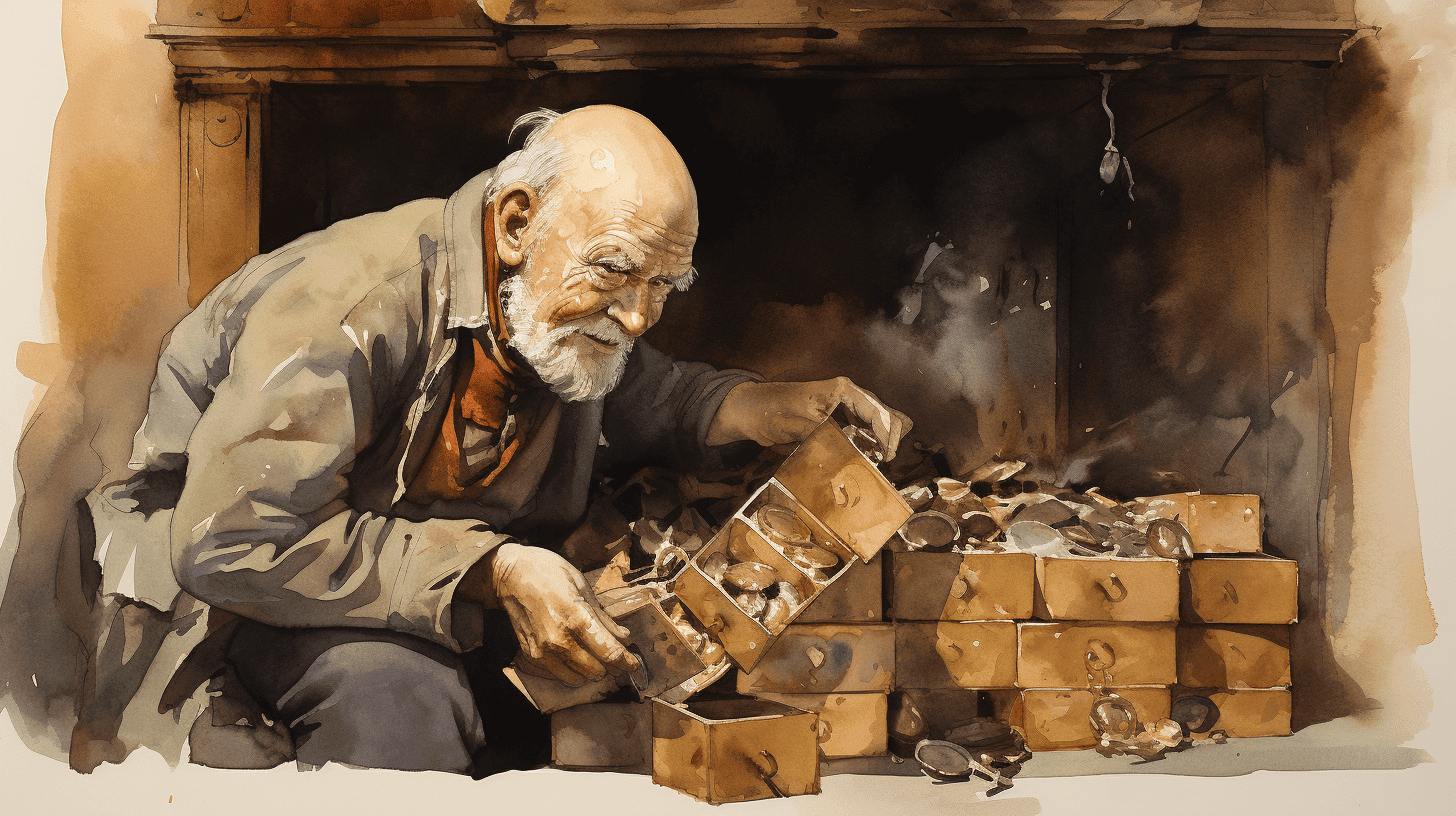 An older man kneeling at an open hearth, going through stacked boxes of coins and keepsakes he has kept put by