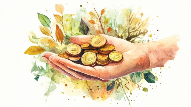 A cupped hand holding a small pile of gold coins, painted in watercolour among autumn leaves
