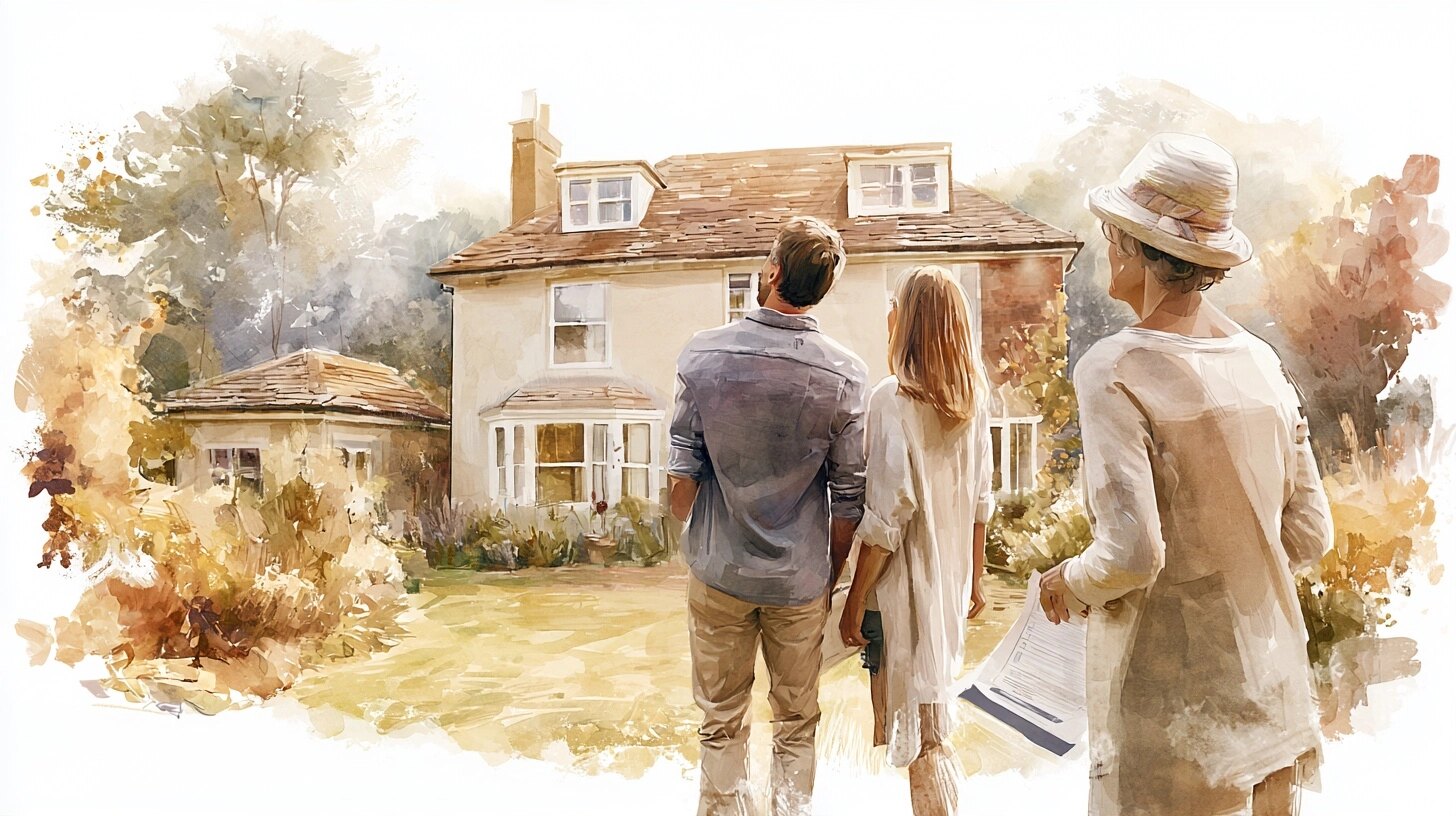 A couple and an older woman stand on the lawn looking at a house with an annexe in the garden