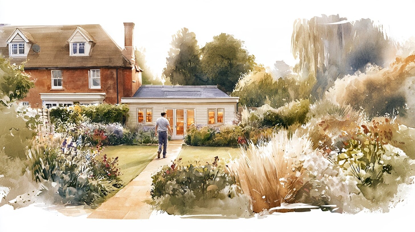 A carer walks up the garden path at dusk to a lit granny annexe beyond the family house